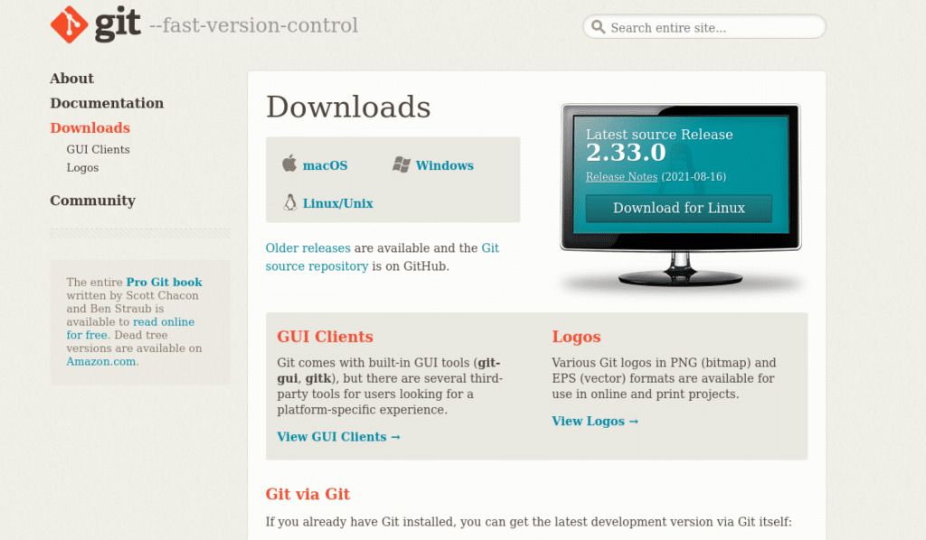 Git downloads page, showing options for macOS, Windows, and Linux/Unix.