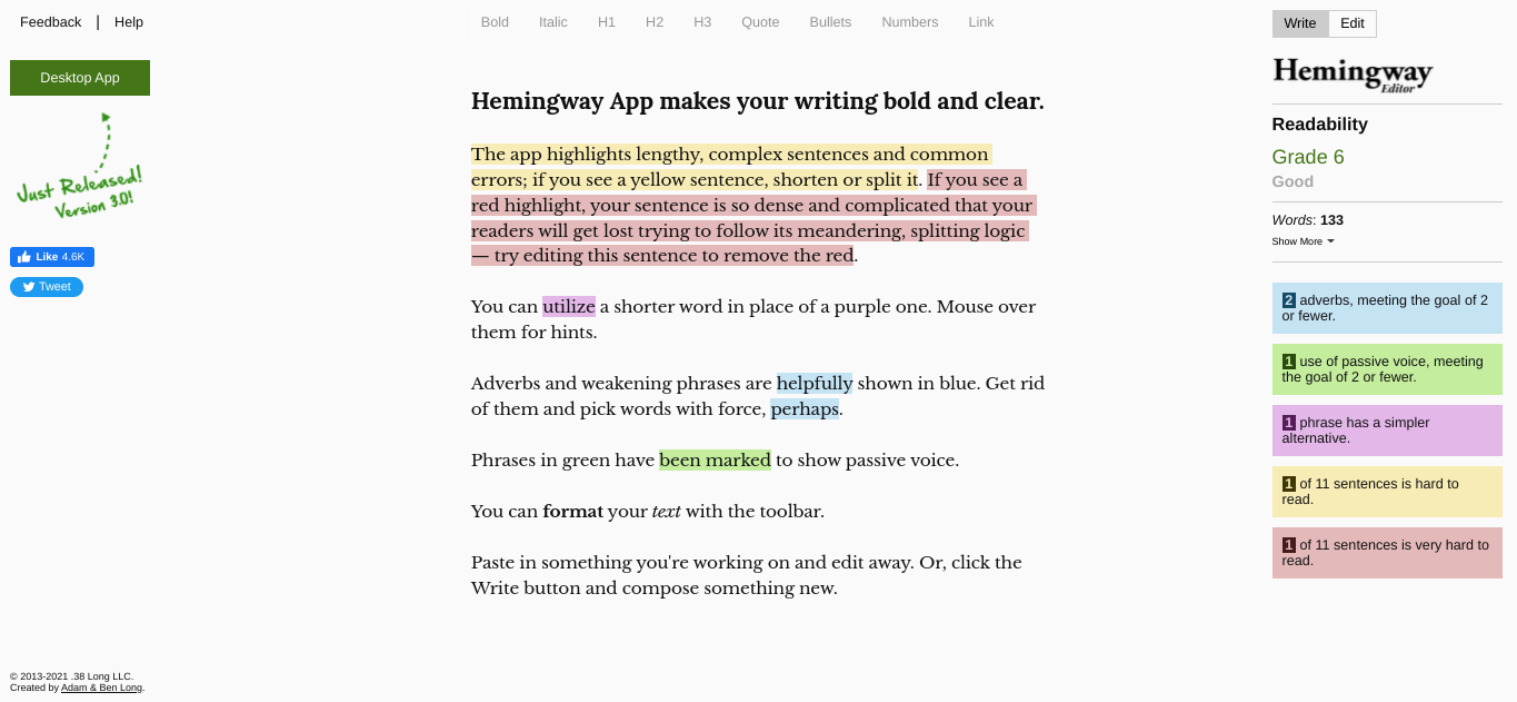 The Hemingway App website.