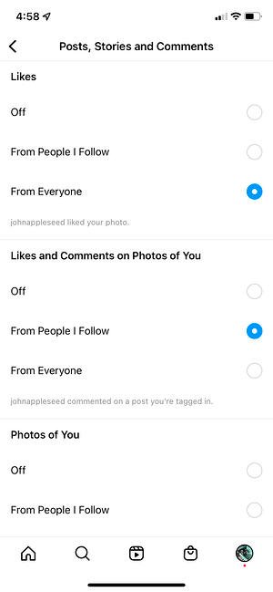 how to change instagram notification settings: toggle notification settings