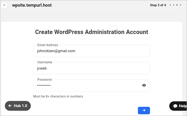 The Hub site creation wizard - create WP admin account.