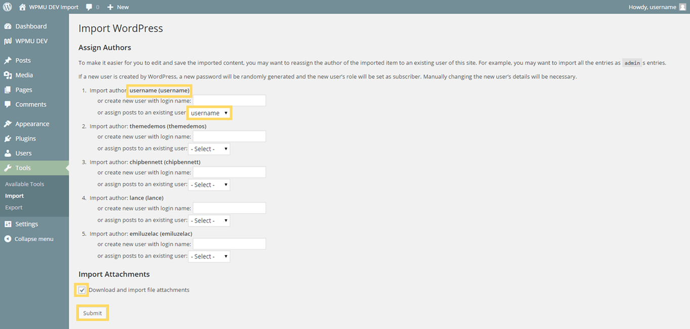 Importer Content Attribution Options.