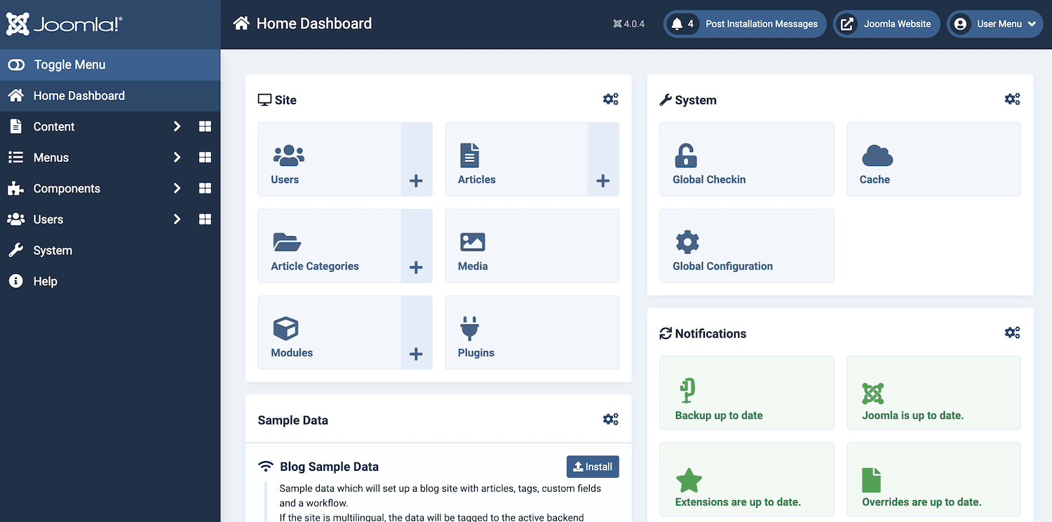 Joomla dashboard