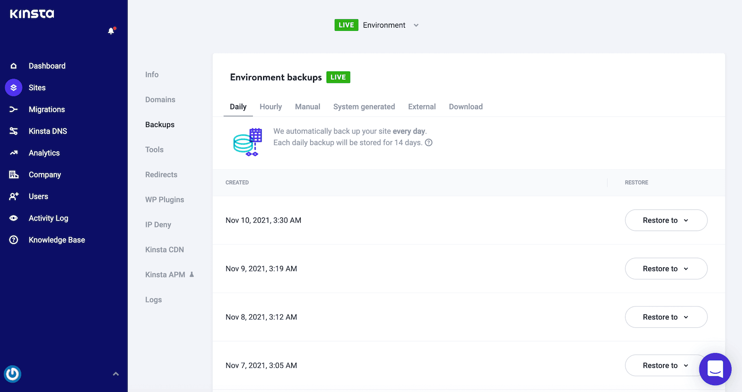 Creating backups in MyKinsta