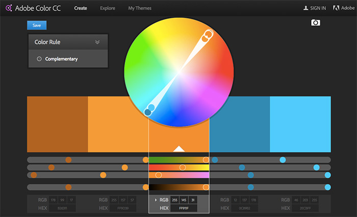 Adobe Color interface showcasing color wheel and palettes