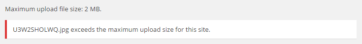 A WordPress error message letting us know that the maximum upload file size has been exceeded