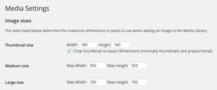 Media settings - image sizes screen.