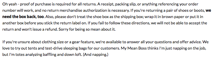 Copywriting example Moosejaw return policy