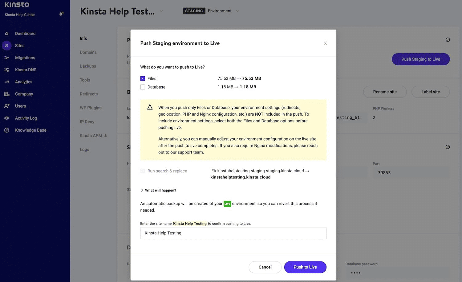 A screenshot of MyKinsta's Selective Push screen, showing options for a site that's about to be pushed live from staging.