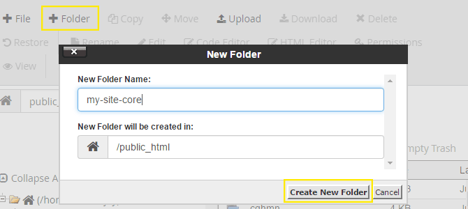 The new folder pop-up in cPanel.