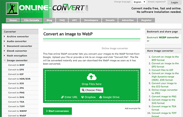 Screenshot of online webp conversion tool