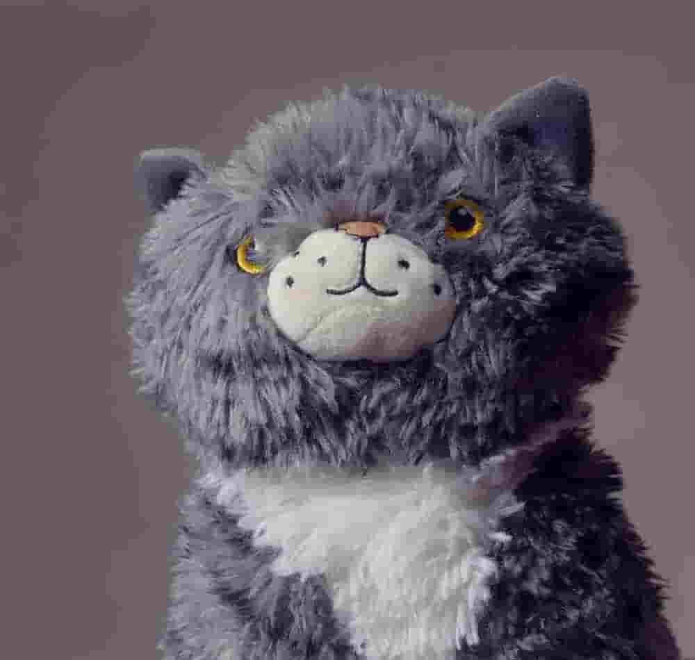 A portrait of a stuffed cat toy, with obvious artifacts of over-compressing, such as banding, un-sharp elements, and degradation.