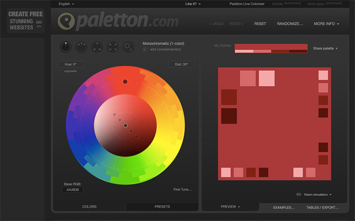 Paletton tool showing color scheme options