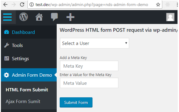 plugin admin page with html form