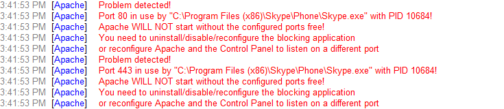 A message from the XAMPP control panel letting us know Skype is using ports 443 and 80