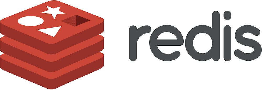 The Redis logo with the text in lowercase, showing a stack of three red tiles to the left that have white star, circle, and triangle shapes on them.