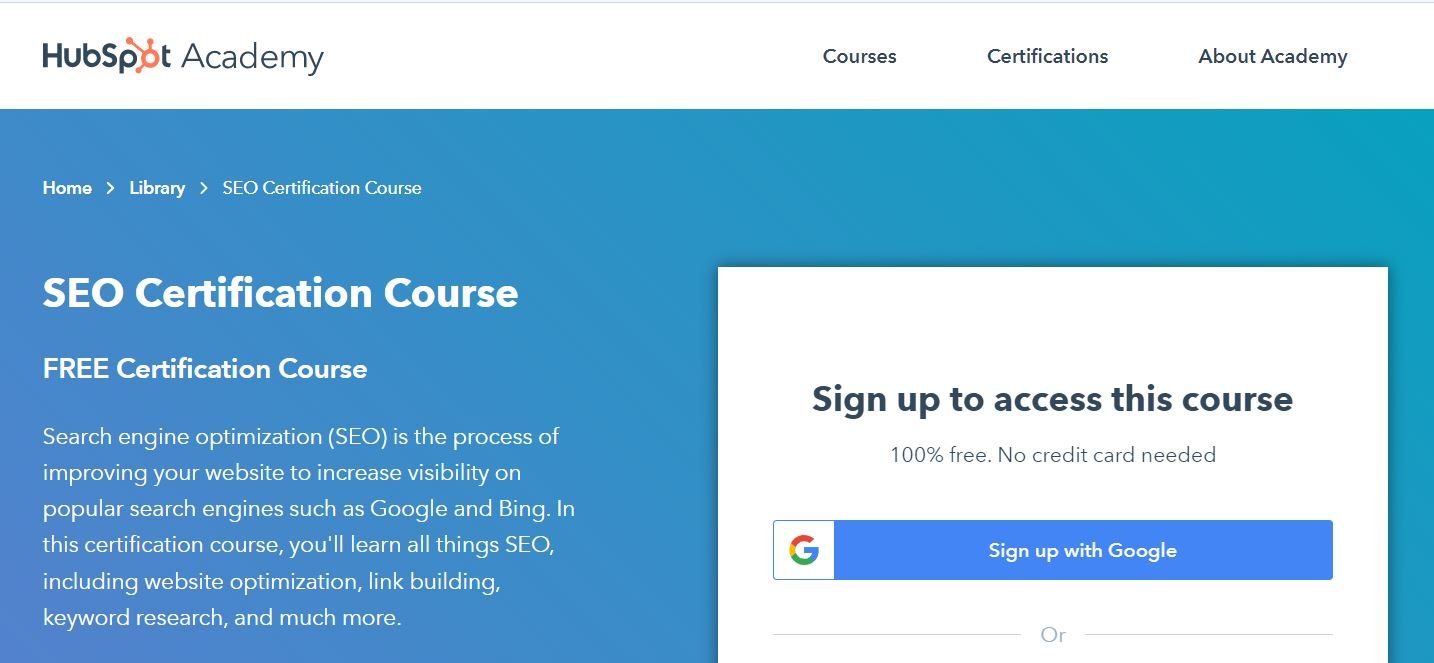 SEO Certification Course page on HubSpot