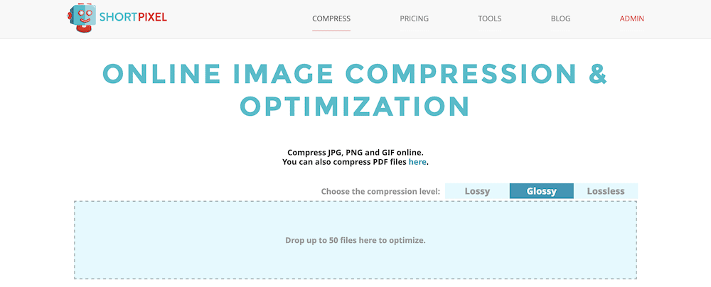 The ShortPixel interface, showing the ShortPixel logo at the top, above the words "Online image compression & optimization: Compress JPG, PNG, and GIF online".