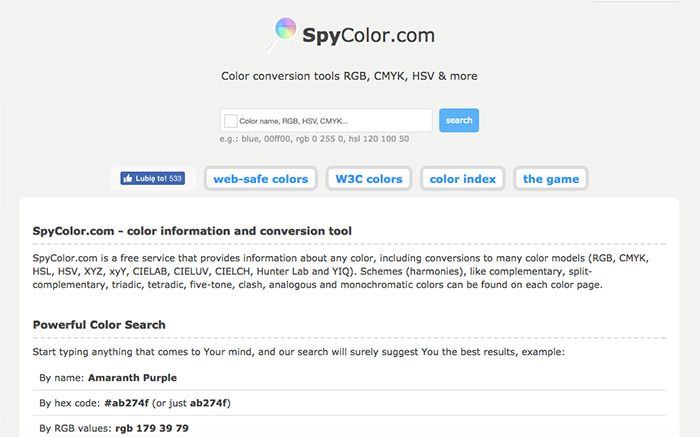 SpyColor.com interface displaying color information and schemes