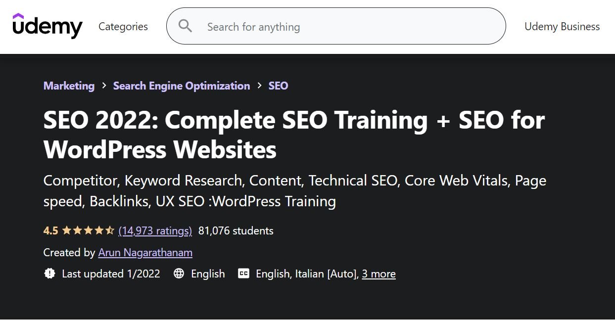The SEO 2022 Udemy course page