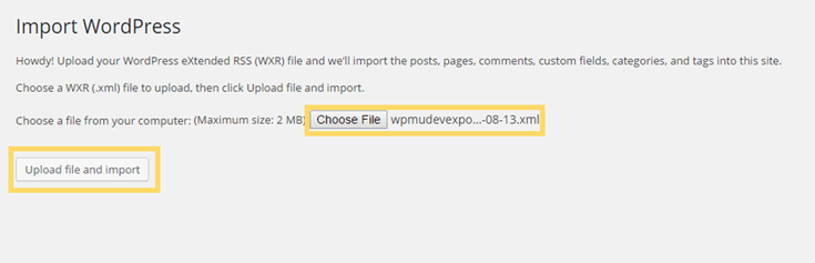 Screen to upload WXR XML file