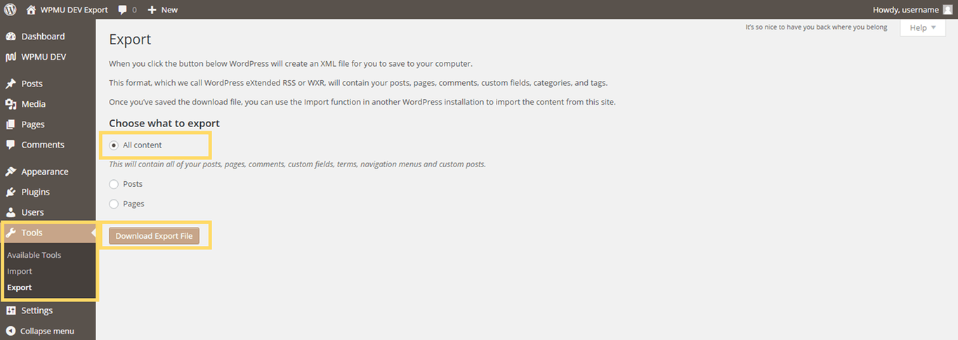 WordPress Export Page.