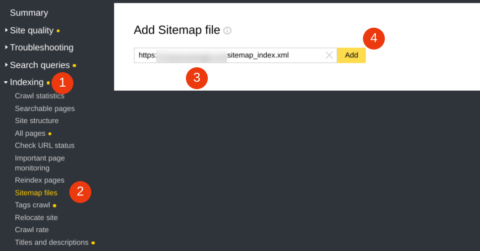 Submitting an XML sitemap in Yandex Webmaster tools.