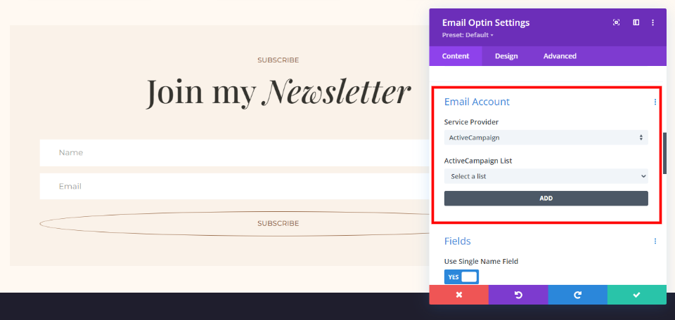 Divi Email Optin Account Options