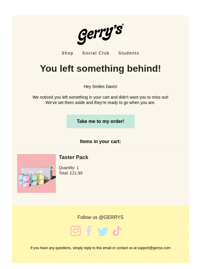 An example of a cart abandonment email from Gerry's