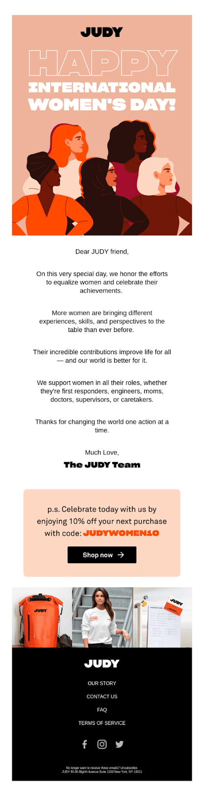 An example of an email for International Women's day from Judy