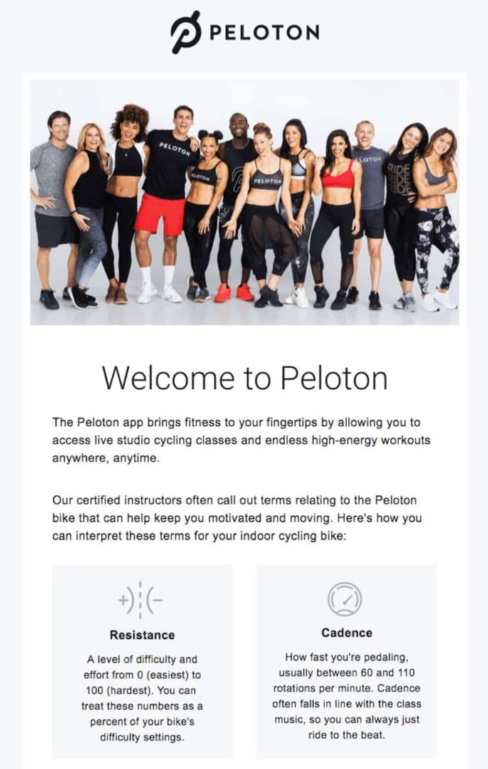 An example of a welcome email from Peloton