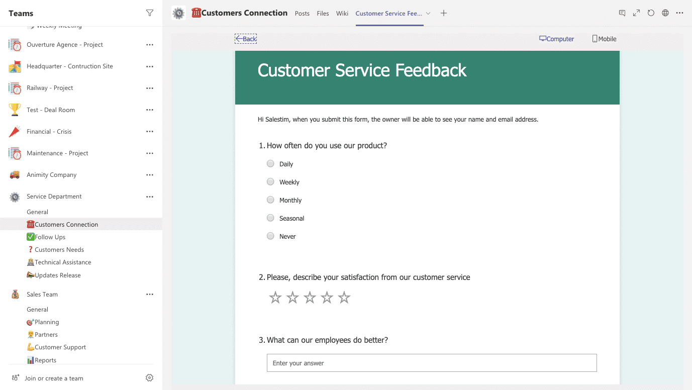 Microsoft Forms customer service survey