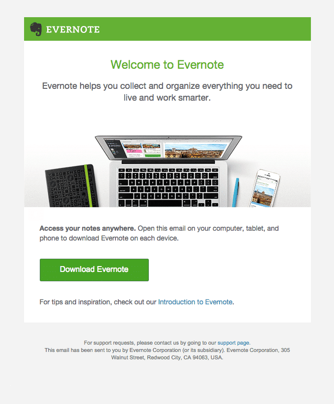 An example of a welcome email from Evernote