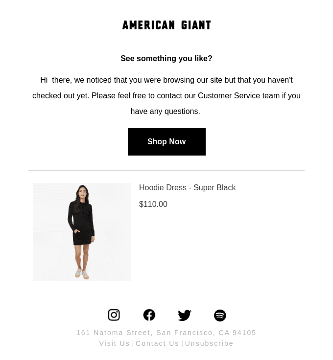 An example of a cart abandonment email from American Giant