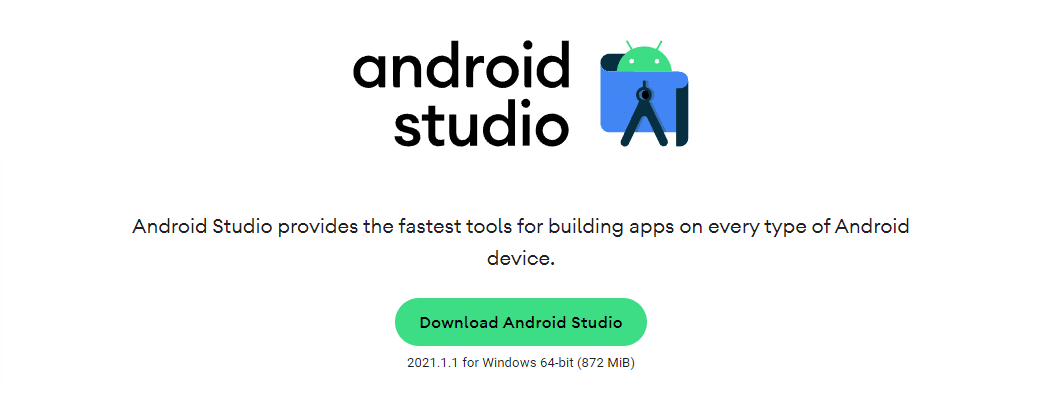 The Android Studio homepage.