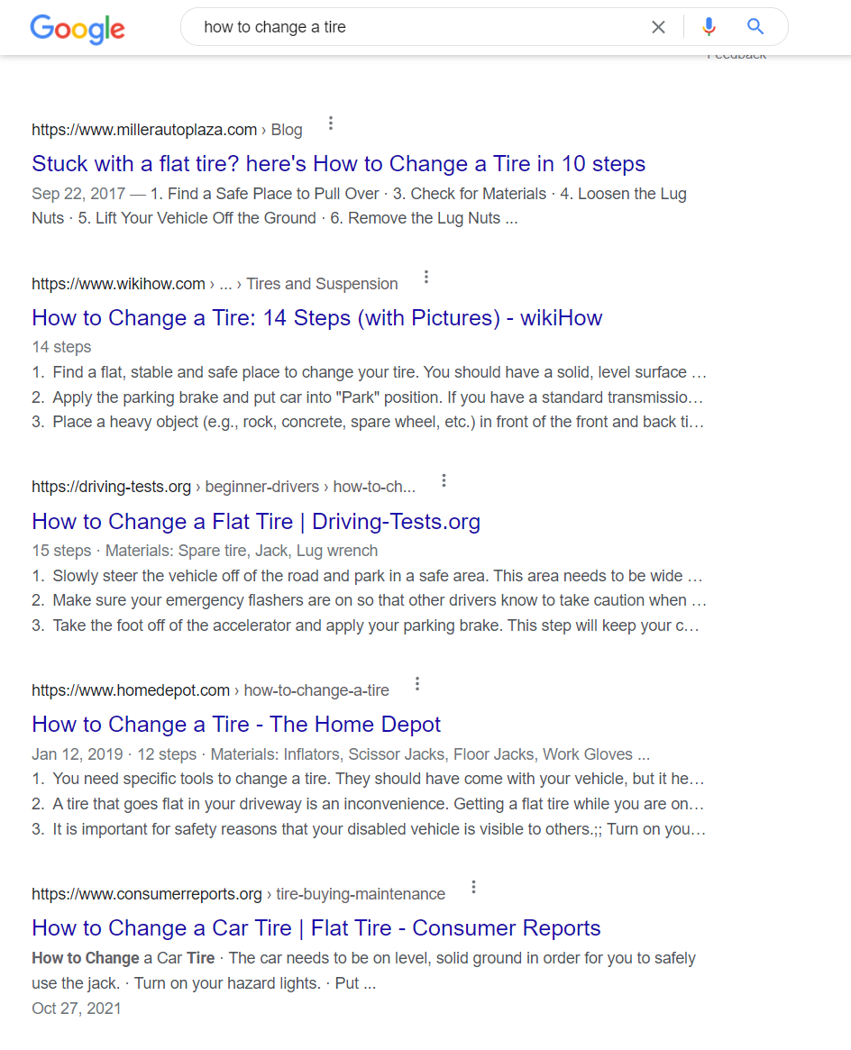 A Google search for how to change a tire