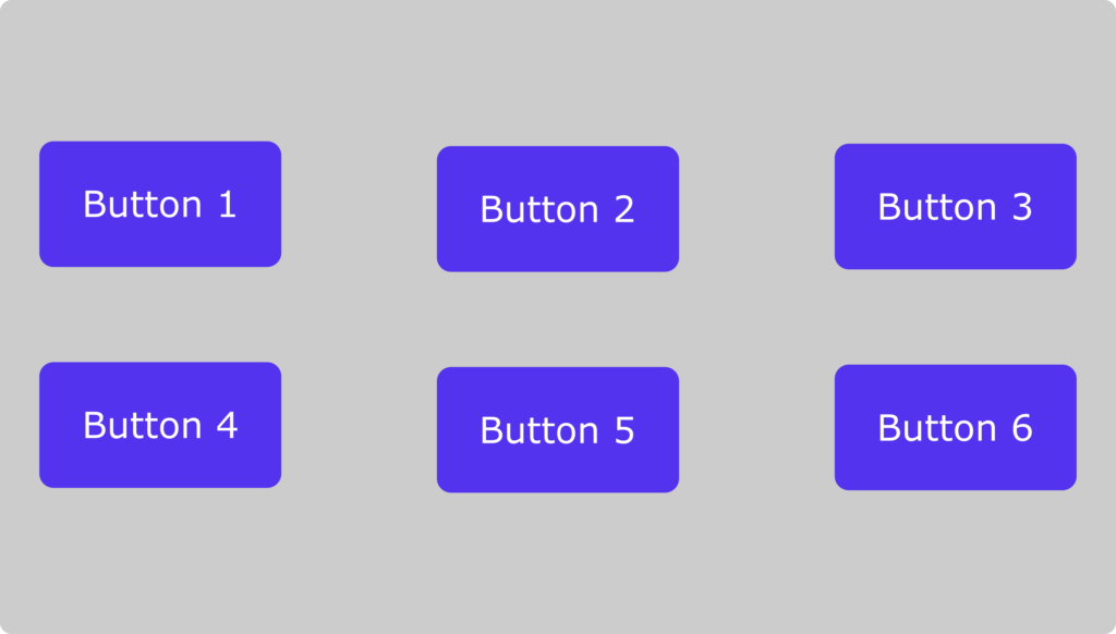 Six buttons distributed equally in columns using Tailwind CSS's grid-cols utility class.