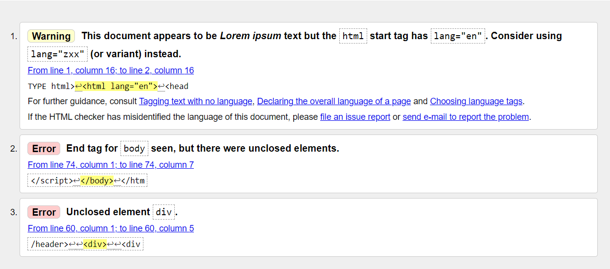 Examples of warnings and errors in the W3C validator