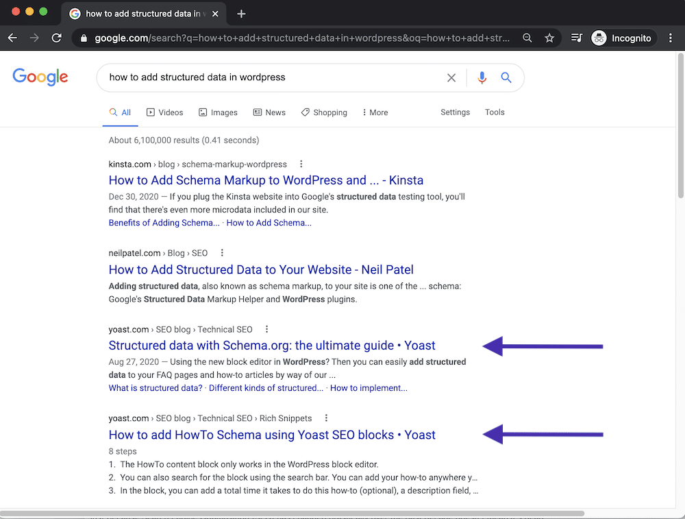 Keyword Cannibalization Example showing a domain with two pages ranking for the same search query