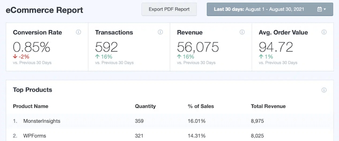 MonsterInsights ecommerce report example