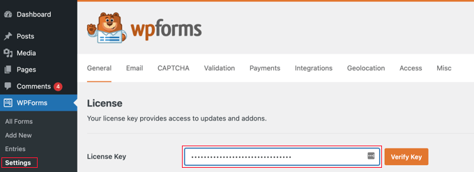 Enter Your WPForms License Key