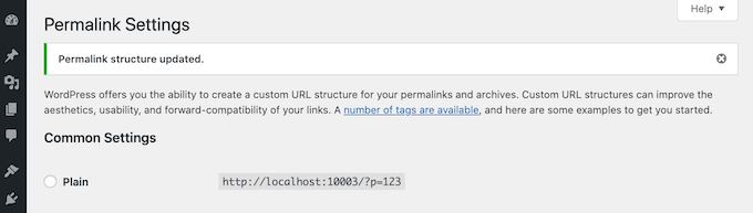 WordPress' 'Permalink structure updated' notification.