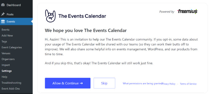 Set up the event calendar plugin