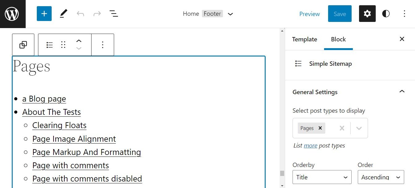 The Simple Sitemap block settings