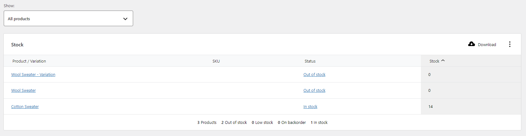 Viewing stock status reports in WooCommerce.