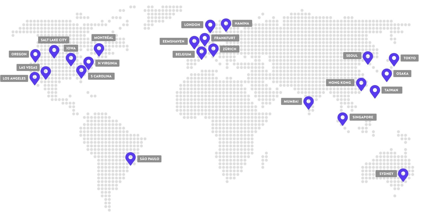 A map with markers showing where Kinsta's servers are located.