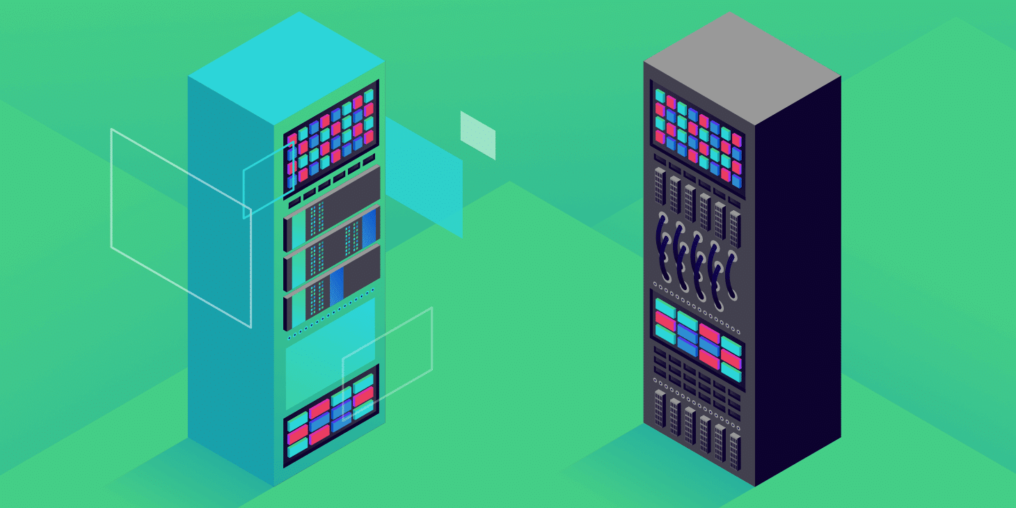 An illustration of two web servers standing alone on a green background.