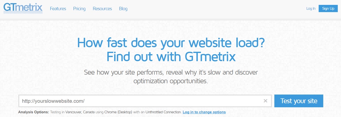 Screenshot of the GTmetrix homepage.