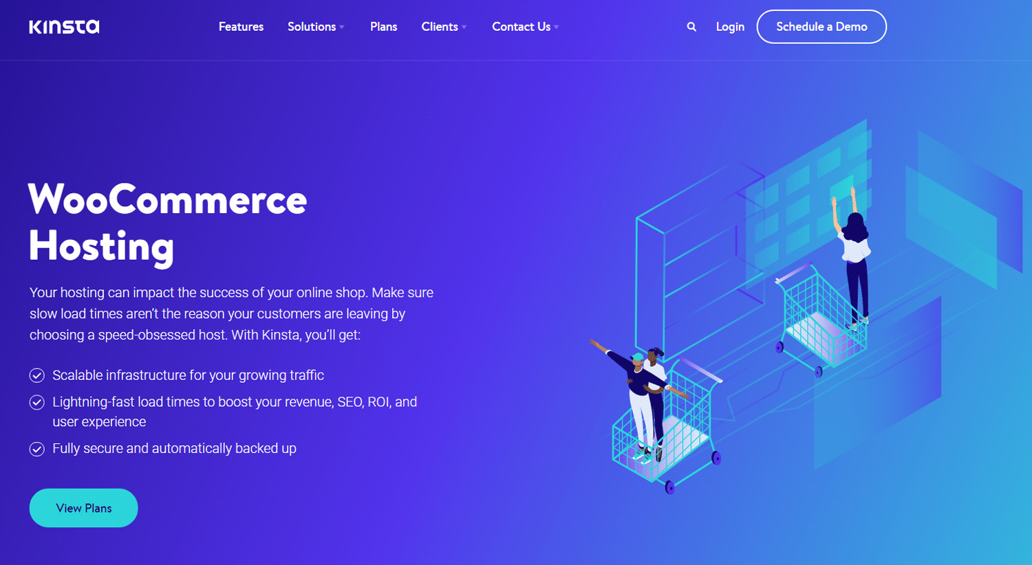 Kinsta's WooCommerce hosting page with an illustration of people and shopping carts against a blue background.