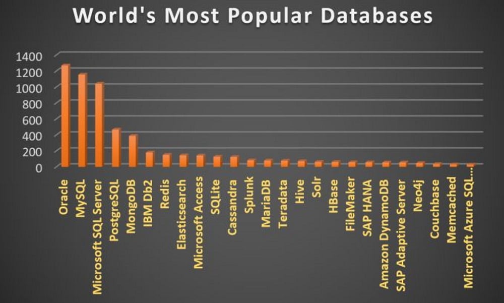 Some of the world's most popular databases are shown in a graph with percentages of users.