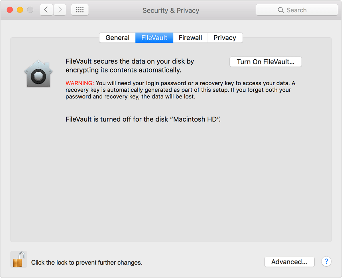 FileVault encryption turned off